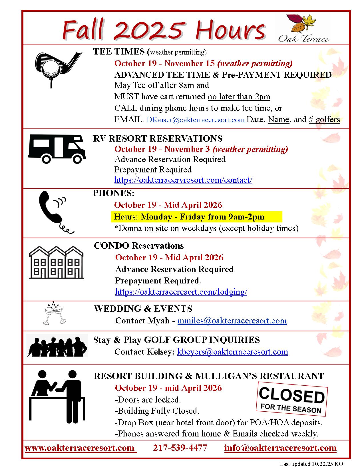 Resort Hours of Operation Fall 2025 KO